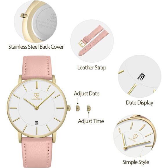 Men's Pink- White Leather Strap Analog Minimal Simple Stylish Buckle Wrist Watch - Picture 3 of 6